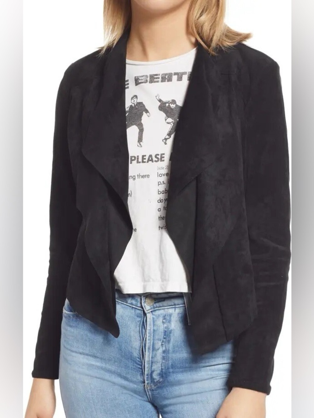 BlankNYC Black Draped Open-Front Faux Suede Blazer Jacket Small